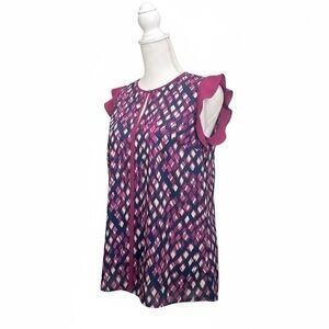 Tommy Hilfiger Womens PS Flutter Sleeve Argyle Print Blouse Pink Navy Work Top